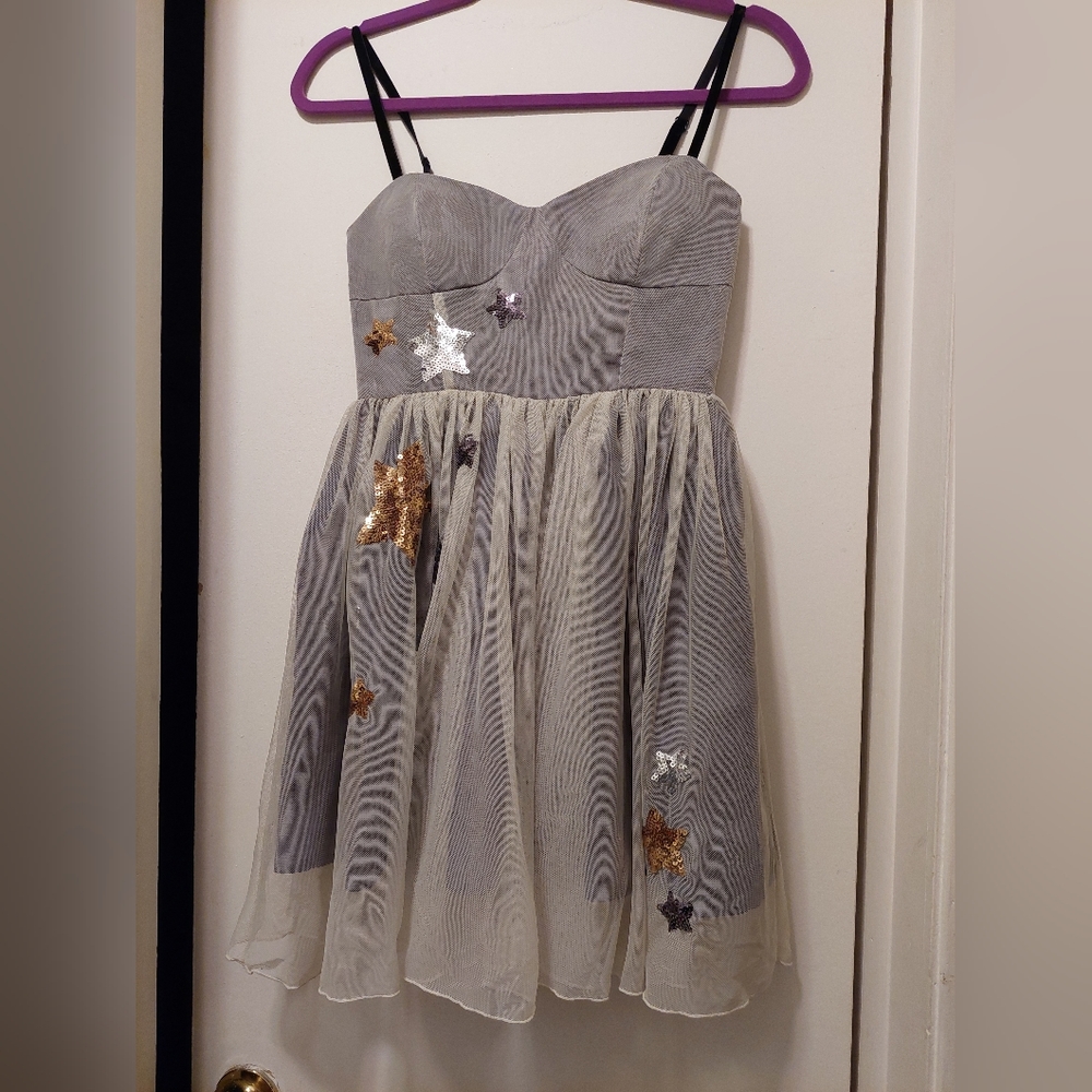 Silver Star-Embellished Strapless Skater Dress